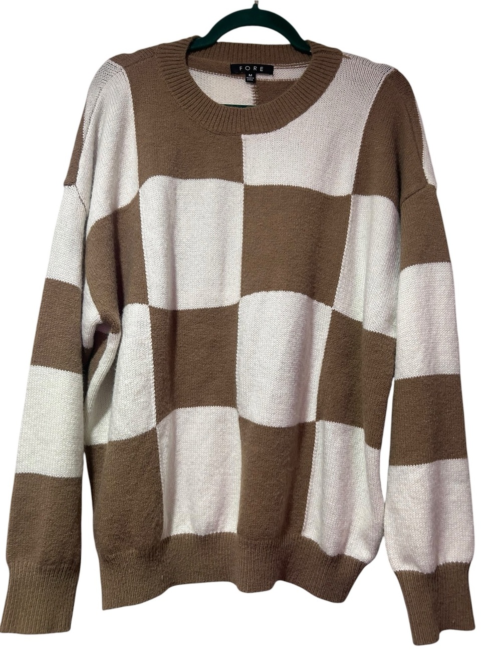 FORE Brown Cream retro Checkered Colorblock Oversized Knit Sweater